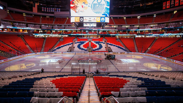 EDMONTON, AB - OCTOBER 12: Strategically placed T-shirts form an Edmonton Oilers logo before the season opener against the Calgary Flames on October 12, 2016 at Rogers Place in Edmonton, Alberta, Canada.