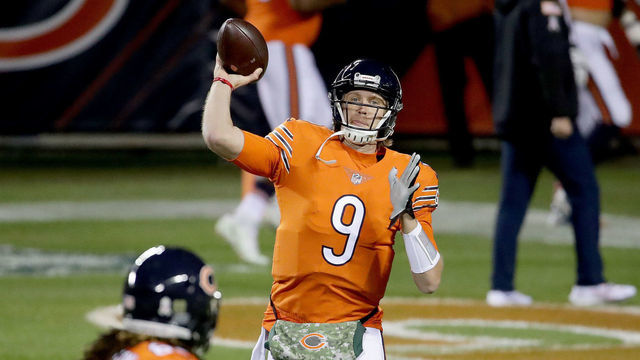 CHICAGO, ILLINOIS - NOVEMBER 16: Nick Foles #9 of the Chicago Bears throws a pass before the game against the Minnesota Vikings at Soldier Field on November 16, 2020 in Chicago, Illinois.