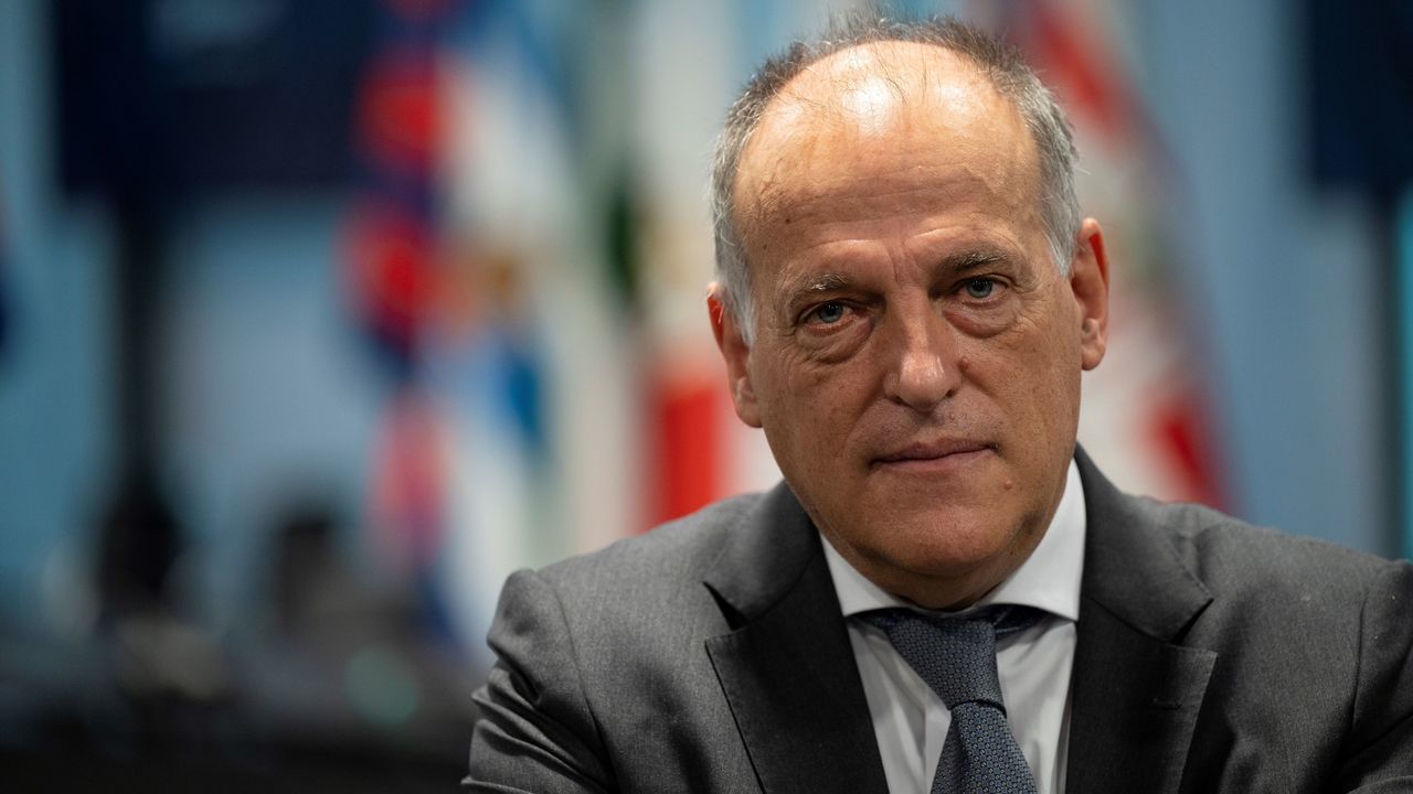 The president of Spanish Liga Javier Tebas is pictured during an AFP interview in Madrid on October 21, 2020.
