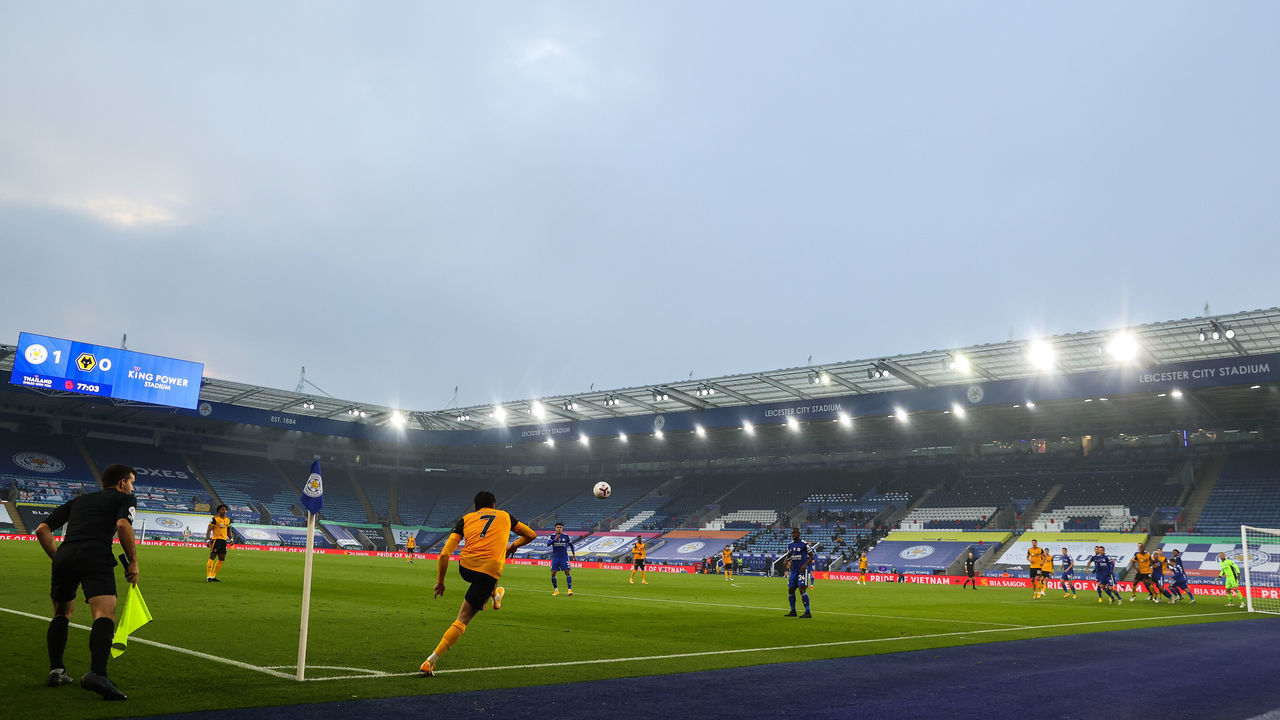 LEICESTER, ENGLAND - NOVEMBER 08: A general view of match action as Pedro Neto of Wolverhampton Wanderers takes a corner at King Power Stadium, home stadium of Leicester City during the Premier League match between Leicester City and Wolverhampton Wanderers at The King Power Stadium on November 8, 2020 in Leicester, United Kingdom. Sporting stadiums around the UK remain under strict restrictions due to the Coronavirus Pandemic as Government social distancing laws prohibit fans inside venues resulting in games being played behind closed doors.