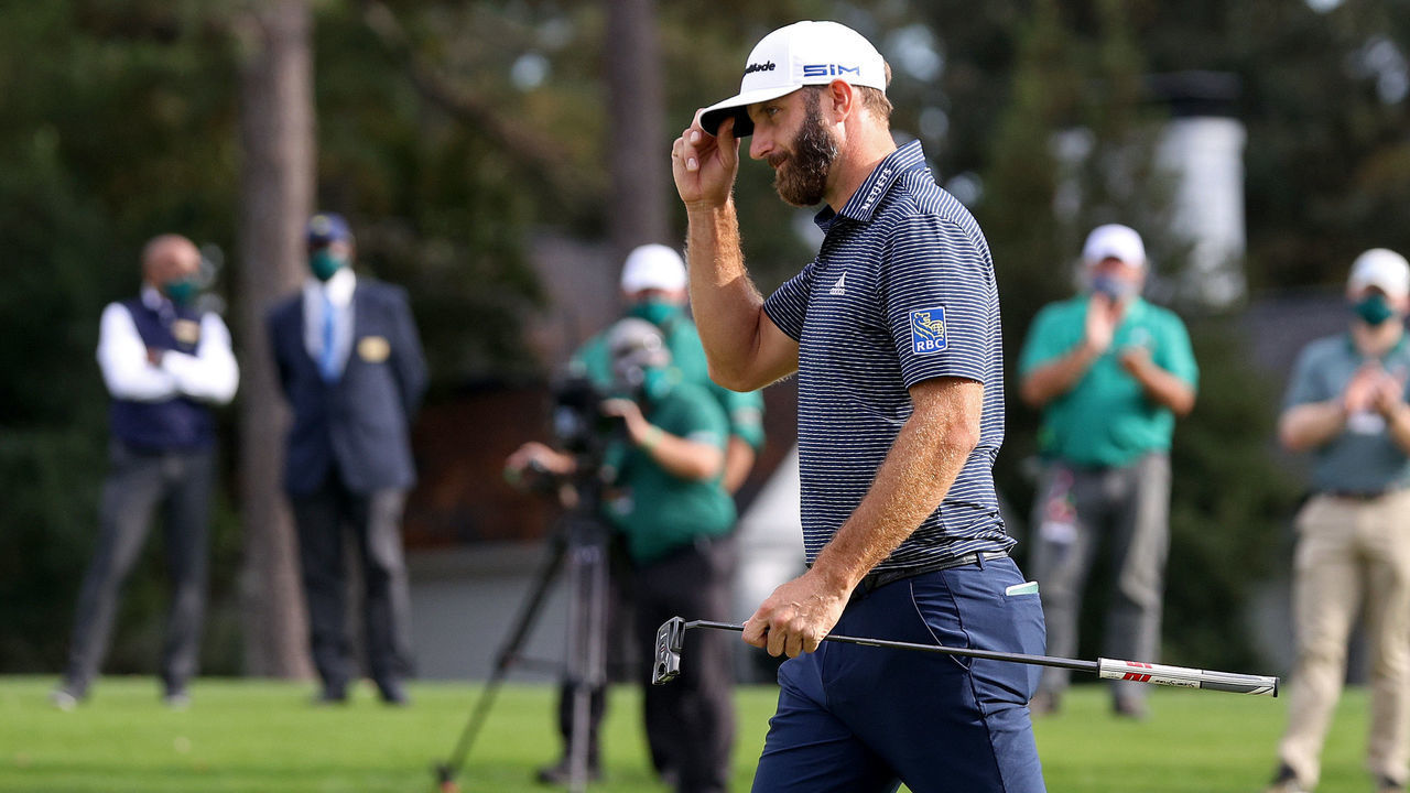 AUGUSTA, GEORGIA - NOVEMBER 15: Dustin Johnson of the United States reacts on the 18th green after winning the Masters at Augusta National Golf Club on November 15, 2020 in Augusta, Georgia.