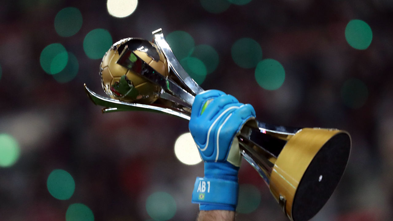 DOHA, QATAR - DECEMBER 21: a general view of the FIFA Club World Cup Qatar 2019 trophy after the FIFA Club World Cup final match between CR Flamengo and Liverpool FC at Khalifa International Stadium on December 21, 2019 in Doha, Qatar.