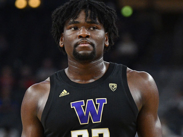 LAS VEGAS, NV - MARCH 11: Washington Huskies forward Isaiah Stewart (33) looks on during the first round game of the men's Pac-12 Tournament between the Arizona Wildcats and the Washington Huskies on March 11, 2020, at the T-Mobile Arena in Las Vegas, NV.