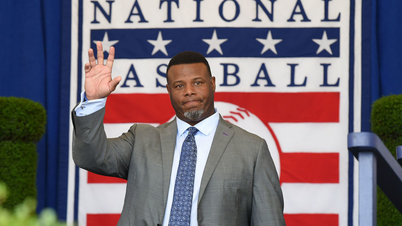 COOPERSTOWN, NY - JULY 29: Hall of Famer Ken Griffey Jr. is introduced during the Baseball Hall of Fame induction ceremony at the Clark Sports Center on July 29, 2018 in Cooperstown, New York.