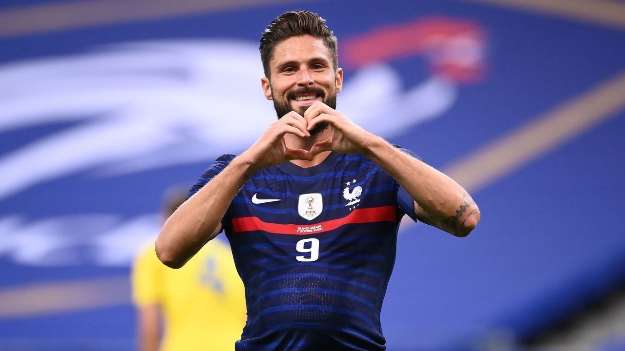 France's forward Olivier Giroud celebrates after scoring a goal during the International friendly football match between France and Ukraine, on October 7, 2020 in Saint-Denis, outside Paris.