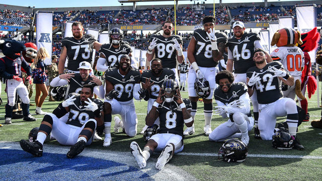 ORLANDO, FLORIDA - JANUARY 26: The Baltimore Ravens pose during introductions before the 2020 NFL Pro Bowl at Camping World Stadium on January 26, 2020 in Orlando, Florida.