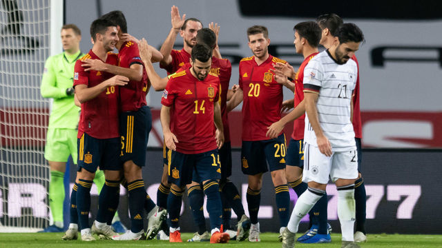 SEVILLE, SPAIN - NOVEMBER 17: (BILD ZEITUNG OUT) Ferran Torres of Spain celebrates after scoring his team's fourth goal during the UEFA Nations League group stage match between Spain and Germany at Estadio de La Cartuja on November 17, 2020 in Seville, Spain.