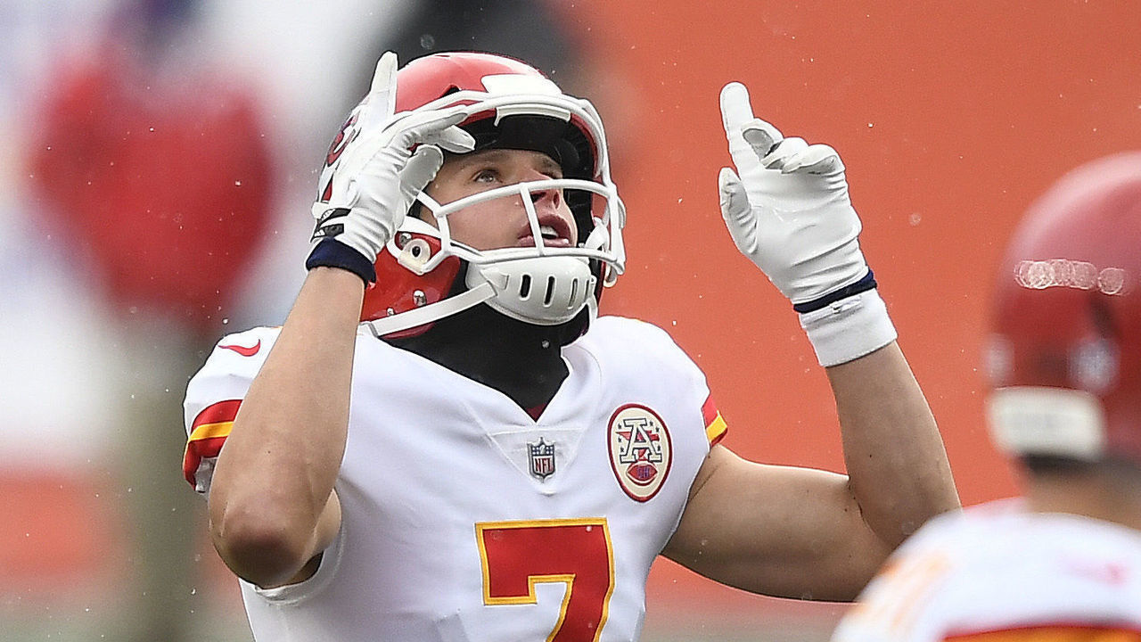 DENVER, COLORADO - OCTOBER 25: Harrison Butker #7 of the Kansas City Chiefs reacts after a field goal against the Denver Broncos during their NFL game at Empower Field At Mile High on October 25, 2020 in Denver, Colorado.