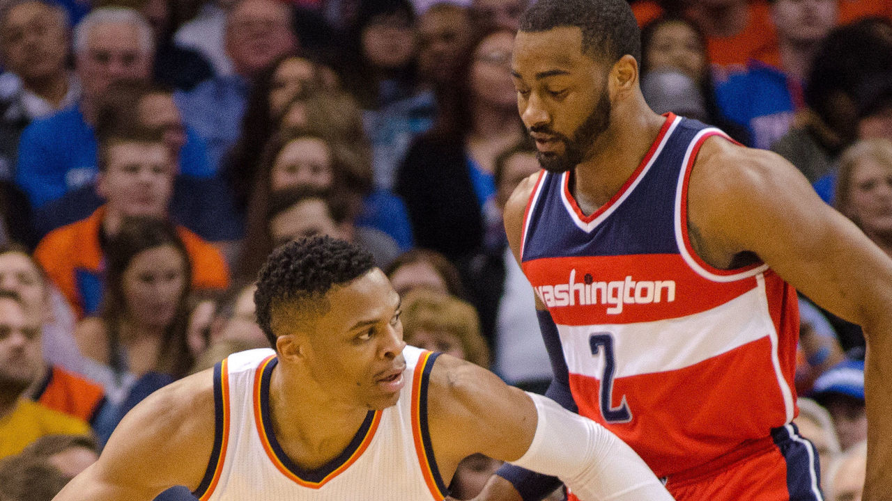 February 1, 2016 Oklahoma City Thunder Guard Russell Westbrook (0) backing down Washington Wizards Guard John Wall (2) which led to 2 points at the Chesapeake Energy Arena in Oklahoma City, Oklahoma (Torrey Purvey/Icon Sportswire)