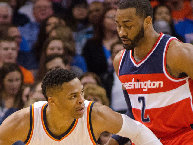 February 1, 2016 Oklahoma City Thunder Guard Russell Westbrook (0) backing down Washington Wizards Guard John Wall (2) which led to 2 points at the Chesapeake Energy Arena in Oklahoma City, Oklahoma (Torrey Purvey/Icon Sportswire)