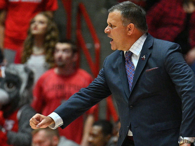 ALBUQUERQUE, NEW MEXICO - DECEMBER 14: Head coach Chris Jans of the New Mexico State Aggies reacts during his team's game against the New Mexico Lobos at Dreamstyle Arena - The Pit on December 14, 2019 in Albuquerque, New Mexico.