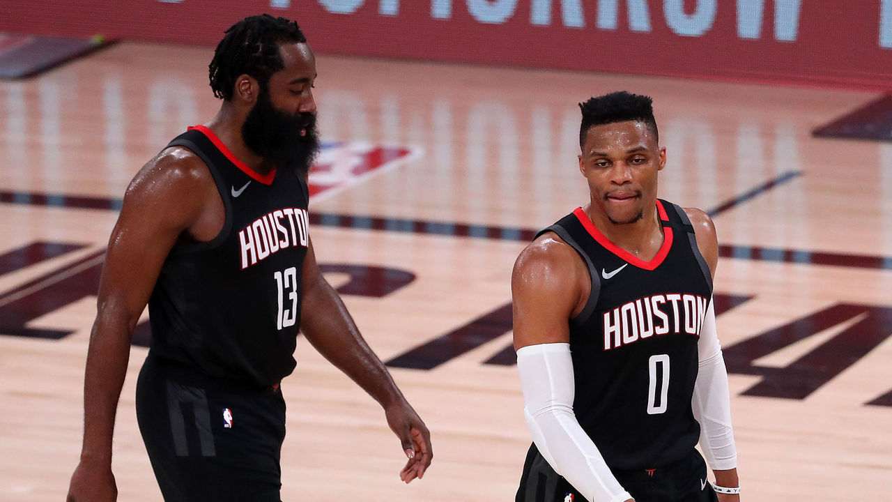 LAKE BUENA VISTA, FLORIDA - SEPTEMBER 12: James Harden #13 of the Houston Rockets and Russell Westbrook #0 of the Houston Rockets during the fourth quarter against the Los Angeles Lakers in Game Five of the Western Conference Second Round during the 2020 NBA Playoffs at AdventHealth Arena at the ESPN Wide World Of Sports Complex on September 12, 2020 in Lake Buena Vista, Florida.