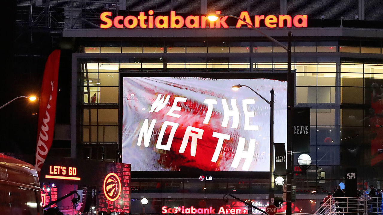 TORONTO, ON - JUNE 10: A view of the exterior of the arena as fans gather at Jurassic Park to watch the Golden State Warriors play against the Toronto Raptors during Game Five of the 2019 NBA Finals at Scotiabank Arena on June 10, 2019 in Toronto, Canada.