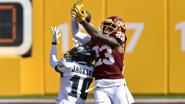 LANDOVER, MD - SEPTEMBER 13: Washington cornerback Ronald Darby (23) nearly intercepts a deep pass intended for Eagles wide receiver DeSean Jackson (10) during the Philadelphia Eagles vs. Washington Football Team NFL game at FedEx Field on September 13, 2020 in Landover, MD.