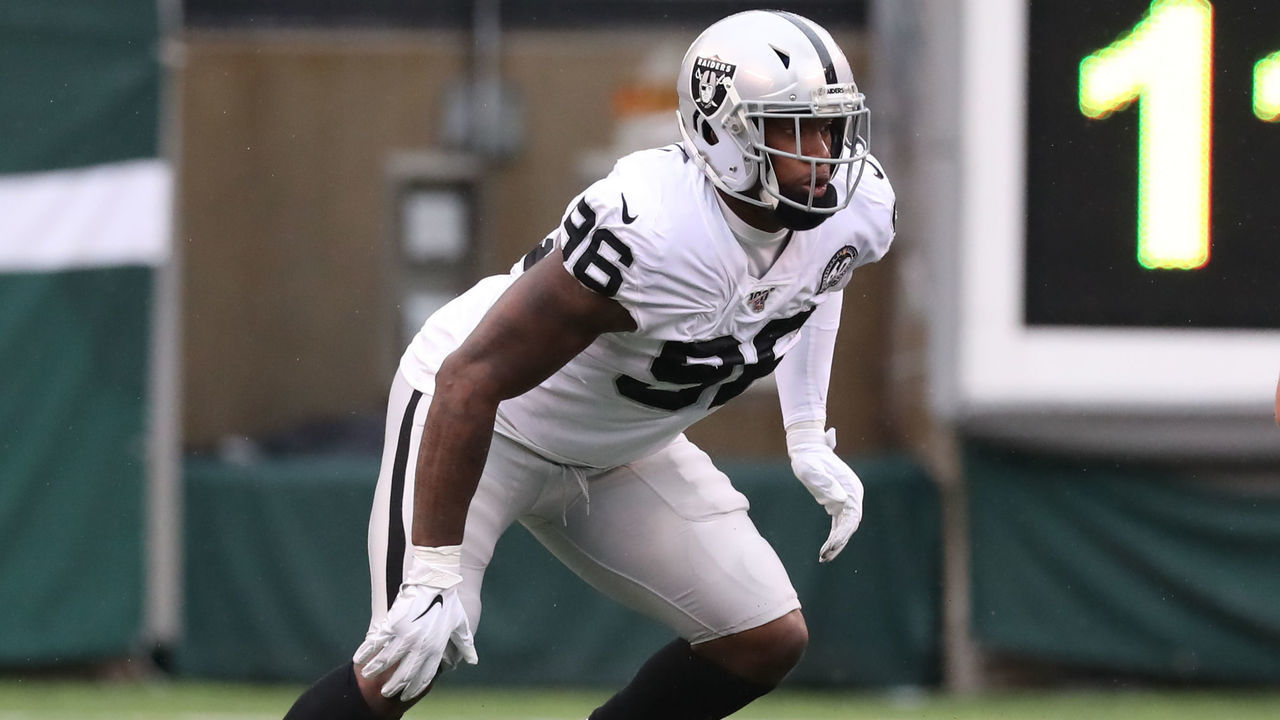 EAST RUTHERFORD, NJ - NOVEMBER 24: Oakland Raiders defensive end Clelin Ferrell (96) during the National Football League game between the New York Jets and the Oakland Raiders on November 24, 2019 at MetLife Stadium in East Rutherford, NJ.
