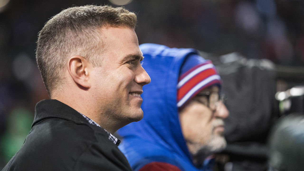 Baseball: World Series: Closeup of Chicago Cubs President of baseball operations and general manager Theo Epstein (L) with manager Joe Maddon (70) before Game 1 vs Cleveland Indians at Progressive Field. Cleveland, OH 10/25/2016 CREDIT: Stephen Green (Set Number: SI600 TK1 )