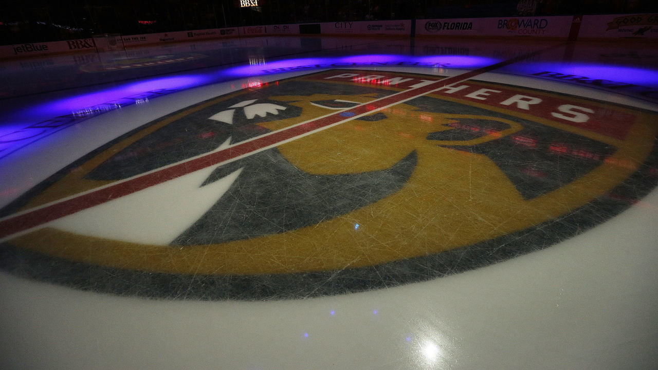 SUNRISE, FL - FEBRUARY 27: The Florida Panthers logo on the ice prior to the start of the game against the Toronto Maple Leafs at the BB&T Center on February 27, 2020 in Sunrise, Florida.
