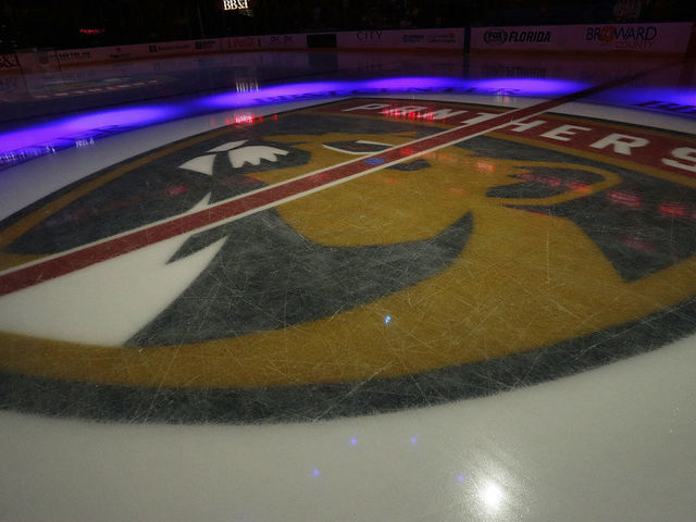 SUNRISE, FL - FEBRUARY 27: The Florida Panthers logo on the ice prior to the start of the game against the Toronto Maple Leafs at the BB&T Center on February 27, 2020 in Sunrise, Florida.