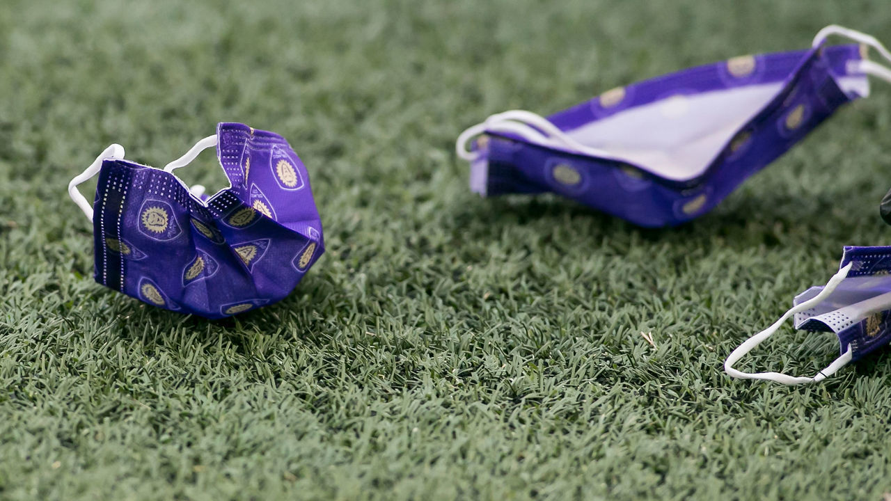KANSAS CITY, KS - SEPTEMBER 23: Facemasks lay upon the pitch as the players prepare for warmups prior to the game between Sporting Kansas City and Orlando City SC on Wednesday September 23, 2020 at Childrens Mercy Park in Kansas City, KS.