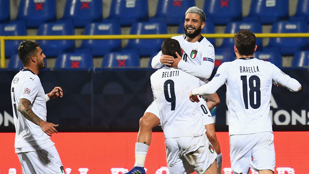 SARAJEVO, BOSNIA AND HERZEGOVINA - NOVEMBER 18: Andrea Belotti of Italy celebrates with team-mates after scoring the opening goal during the UEFA Nations League group stage match between Bosnia-Herzegovina and Italy at Bilino Polje Stadium on November 18, 2020 in Zenica, Bosnia and Herzegovina.