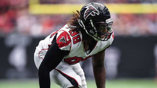 HOUSTON, TEXAS - OCTOBER 06: Takk McKinley #98 of the Atlanta Falcons in action in the fourth quarter against the Houston Texans at NRG Stadium on October 06, 2019 in Houston, Texas.