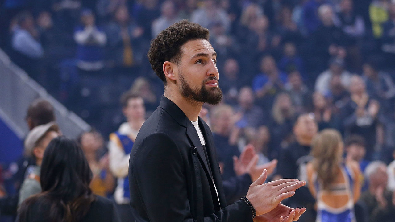 SAN FRANCISCO, CALIFORNIA - JANUARY 04: Klay Thompson #11 of the Golden State Warriors looks on before the game against the Detroit Pistons at Chase Center on January 04, 2020 in San Francisco, California. NOTE TO USER: User expressly acknowledges and agrees that, by downloading and/or using this photograph, user is consenting to the terms and conditions of the Getty Images License Agreement.