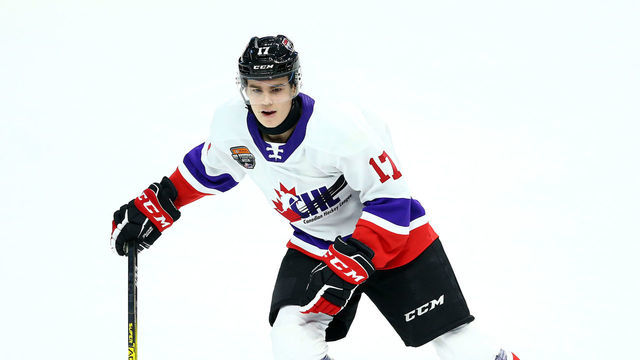 HAMILTON, ON - JANUARY 16: Ridly Greig #17 of Team White skates during the 2020 CHL/NHL Top Prospects Game against Team Red at FirstOntario Centre on January 16, 2020 in Hamilton, Canada.