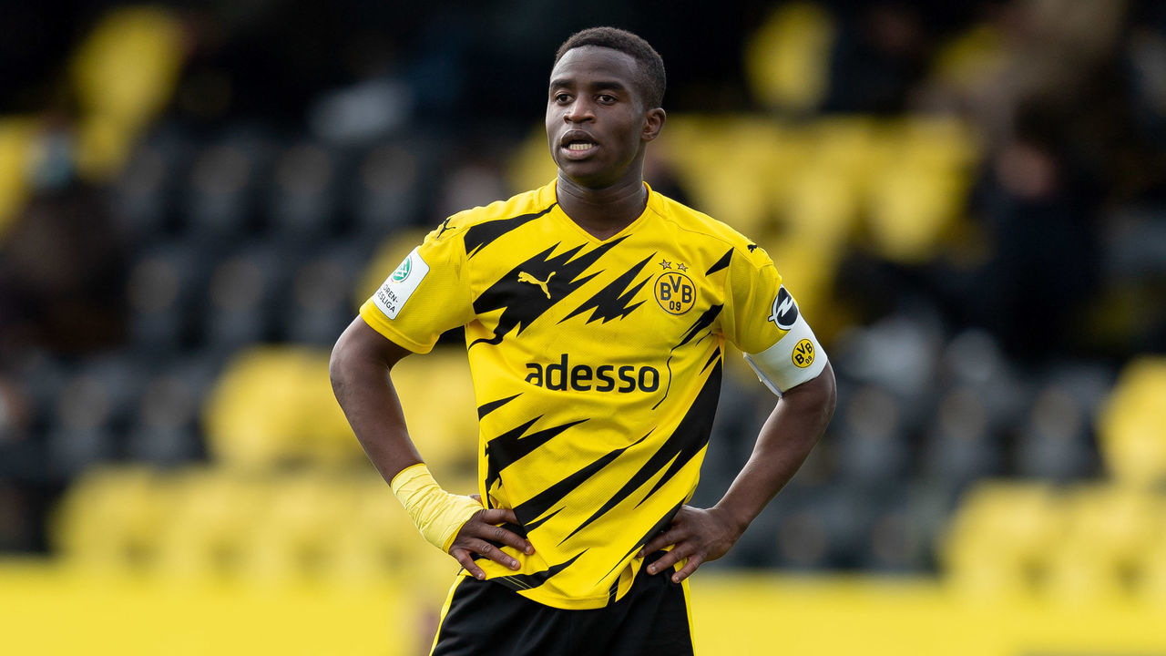 DORTMUND, GERMANY - OCTOBER 24: (BILD ZEITUNG OUT) Youssoufa Moukoko of Borussia Dortmund U19 looks on during the Junior Bundesliga West match between Borussia Dortmund and Rot-Weiss Essen on October 24, 2020 in Dortmund, Germany.