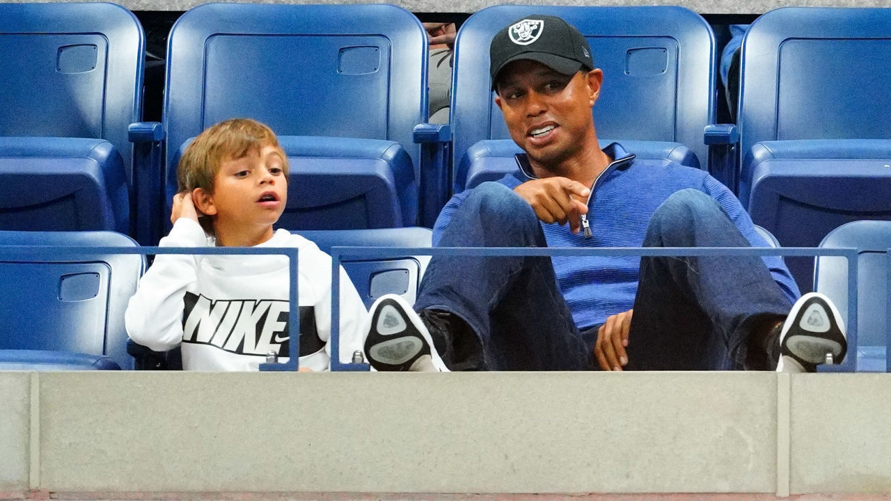 NEW YORK, NY - SEPTEMBER 02: Tiger Woods and his son Charlie Axel Woods cheer on Rafael Nadal at 2019 US Open in New York City.