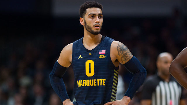 INDIANAPOLIS, IN - JANUARY 24: Marquette Golden Eagles guard Markus Howard (0) waits on the court for the ball to be inbounded during the men's college basketball game between the Marquette Golden Eagles and Butler Bulldogs on January 24, 2020, at Hinkle Fieldhouse in Indianapolis, IN.