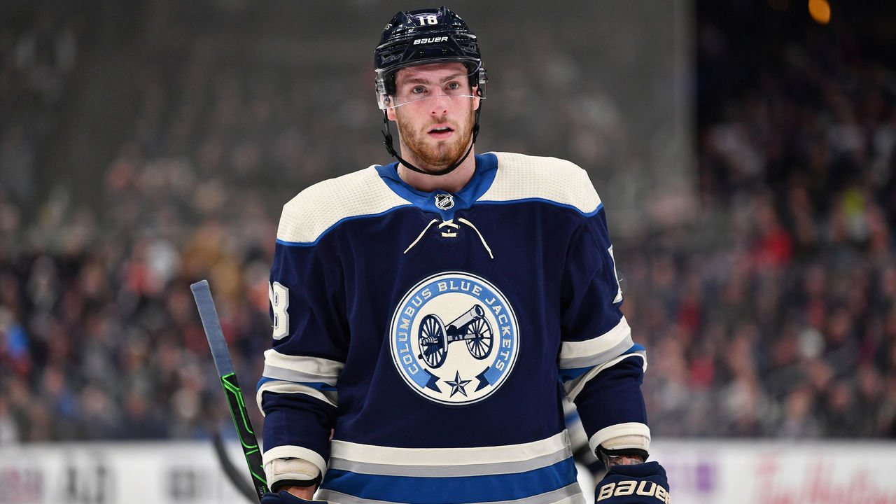 COLUMBUS, OH - FEBRUARY 20: Pierre-Luc Dubois #18 of the Columbus Blue Jackets skates against the Philadelphia Flyers on February 20, 2020 at Nationwide Arena in Columbus, Ohio.