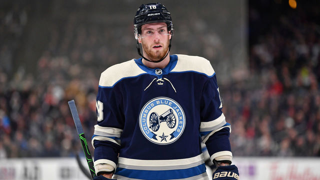 COLUMBUS, OH - FEBRUARY 20: Pierre-Luc Dubois #18 of the Columbus Blue Jackets skates against the Philadelphia Flyers on February 20, 2020 at Nationwide Arena in Columbus, Ohio.