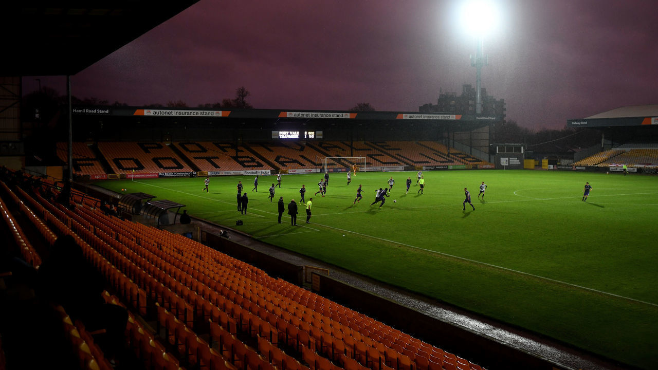BURSLEM, ENGLAND - NOVEMBER 14: General view of red skies above play during the Sky Bet League Two match between Port Vale and Tranmere Rovers at Vale Park on November 14, 2020 in Burslem, England. Sporting stadiums around the UK remain under strict restrictions due to the Coronavirus Pandemic as Government social distancing laws prohibit fans inside venues resulting in games being played behind closed doors.