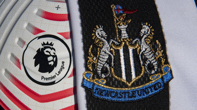 MANCHESTER, ENGLAND - NOVEMBER 13: The Official Nike Premier League match ball for the 2020/21 season with the Newcastle United badge on a home shirt on 13th November, 2020 in Manchester, United Kingdom.