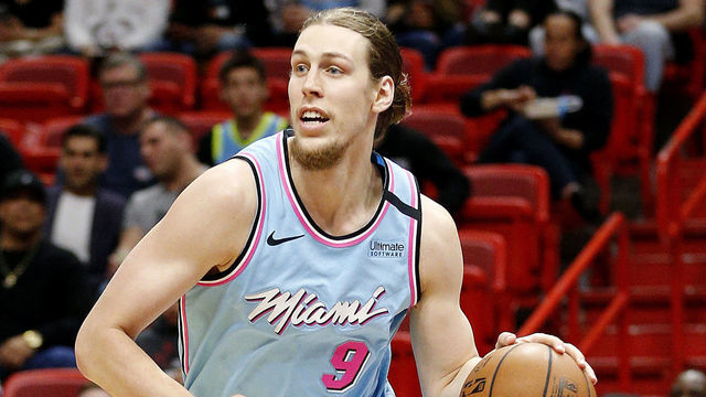 MIAMI, FLORIDA - FEBRUARY 29: Kelly Olynyk #9 of the Miami Heat drives to the basket against the Brooklyn Nets during the first half at American Airlines Arena on February 29, 2020 in Miami, Florida. NOTE TO USER: User expressly acknowledges and agrees that, by downloading and/or using this photograph, user is consenting to the terms and conditions of the Getty Images License Agreement.