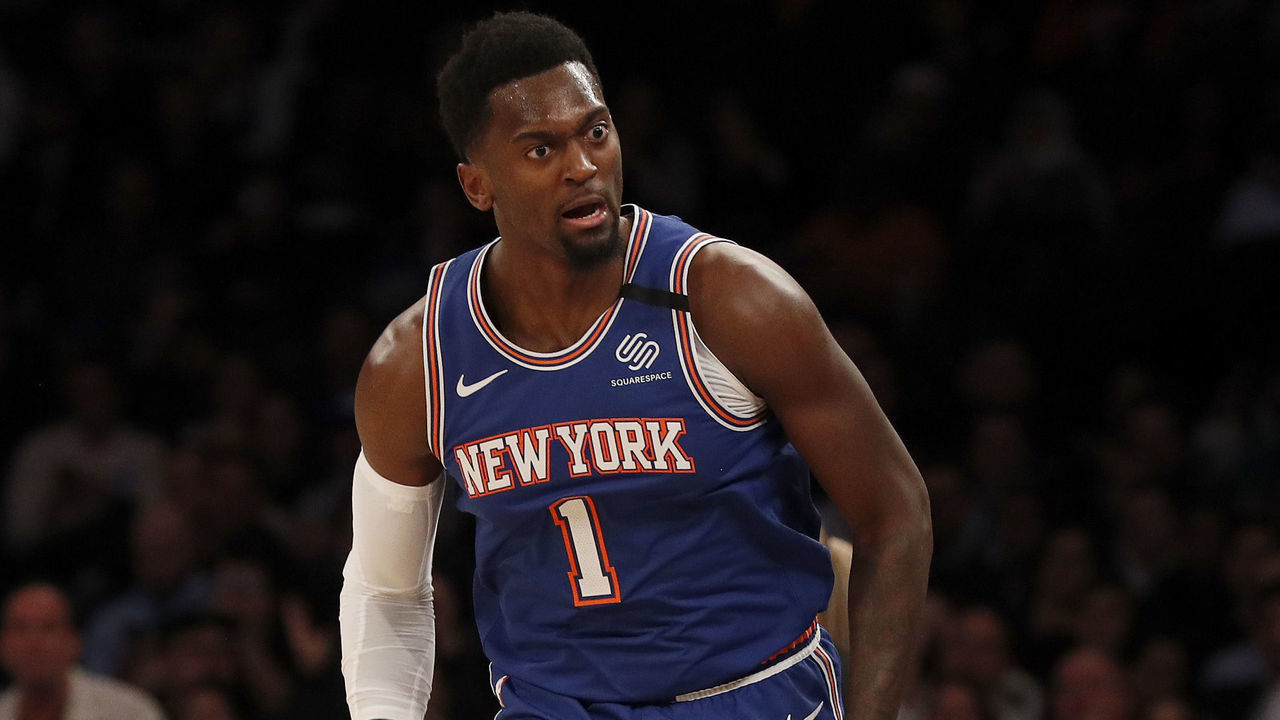 NEW YORK, NEW YORK - MARCH 04: (NEW YORK DAILIES OUT) Bobby Portis #1 of the New York Knicks in action against the Utah Jazz at Madison Square Garden on March 04, 2020 in New York City. The Jazz defeated the Knicks 112-104.