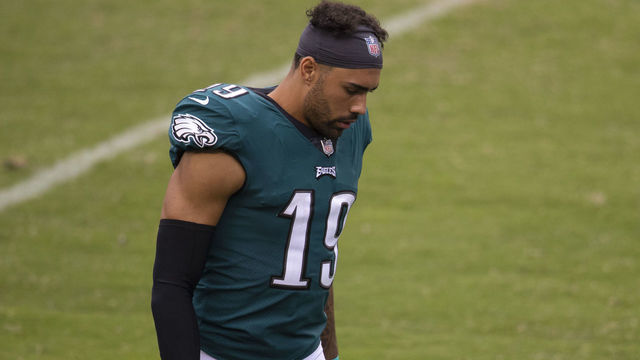 PHILADELPHIA, PA - SEPTEMBER 27: J.J. Arcega-Whiteside #19 of the Philadelphia Eagles walks off the field after the game against the Cincinnati Bengals at Lincoln Financial Field on September 27, 2020 in Philadelphia, Pennsylvania.
