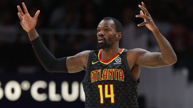ATLANTA, GA - MARCH 09: Dewayne Dedmon #14 of the Atlanta Hawks reacts during the first half of an NBA game against the Charlotte Hornets at State Farm Arena on March 9, 2020 in Atlanta, Georgia. NOTE TO USER: User expressly acknowledges and agrees that, by downloading and/or using this photograph, user is consenting to the terms and conditions of the Getty Images License Agreement.