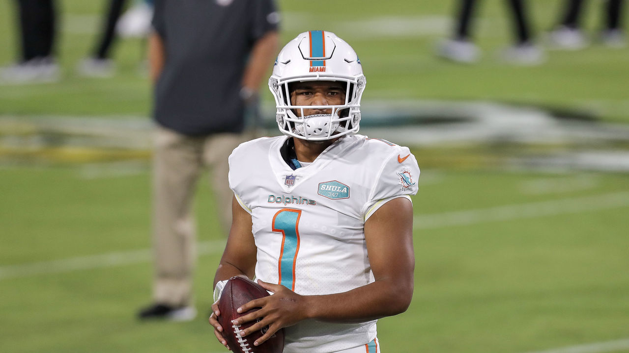 JACKSONVILLE, FL - SEPTEMBER 24: Quarterback Tua Tagovailoa #1 of the Miami Dolphins warms up prior to the game against the Jacksonville Jaguars at TIAA Bank Field on September 24, 2020 in Jacksonville, Florida. The Dolphins defeated The Jaguars 31 to 13.
