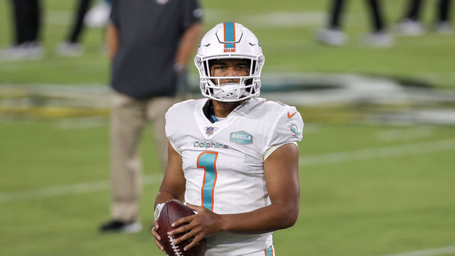 JACKSONVILLE, FL - SEPTEMBER 24: Quarterback Tua Tagovailoa #1 of the Miami Dolphins warms up prior to the game against the Jacksonville Jaguars at TIAA Bank Field on September 24, 2020 in Jacksonville, Florida. The Dolphins defeated The Jaguars 31 to 13.