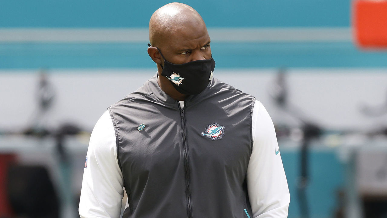 MIAMI GARDENS, FLORIDA - OCTOBER 04: Head coach Brian Flores of the Miami Dolphins looks on prior to the game against the Seattle Seahawksat Hard Rock Stadium on October 04, 2020 in Miami Gardens, Florida.