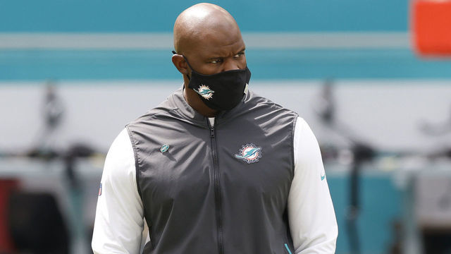 MIAMI GARDENS, FLORIDA - OCTOBER 04: Head coach Brian Flores of the Miami Dolphins looks on prior to the game against the Seattle Seahawksat Hard Rock Stadium on October 04, 2020 in Miami Gardens, Florida.