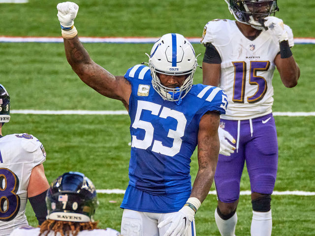 Indianapolis Colts outside linebacker Darius Leonard (53) celebrates a play  during an NFL football game between