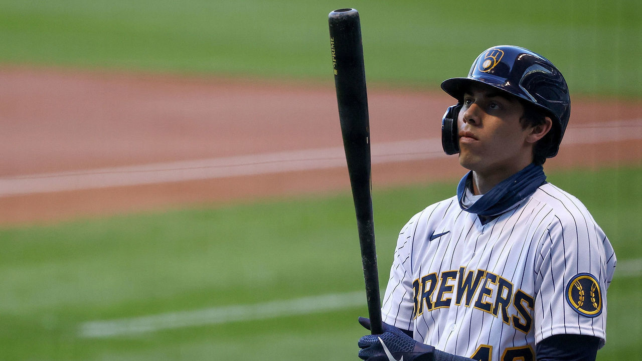 MILWAUKEE, WISCONSIN - AUGUST 29: Christian Yelich #42 of the Milwaukee Brewers waits in the on deck circle in the first inning against the Pittsburgh Pirates at Miller Park on August 29, 2020 in Milwaukee, Wisconsin. All players are wearing #42 in honor of Jackie Robinson Day, which was postponed April 15 due to the coronavirus outbreak.