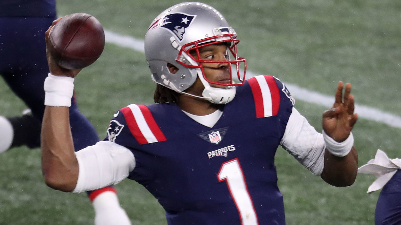 FOXBOROUGH, MA - NOVEMBER 15: Patriots quarterback Cam Newton threw the ball in the second quarter. The New England Patriots host the Baltimore Ravens in an NFL Sunday Night football game at Gillette Stadium in Foxborough, MA on Nov. 15, 2020.