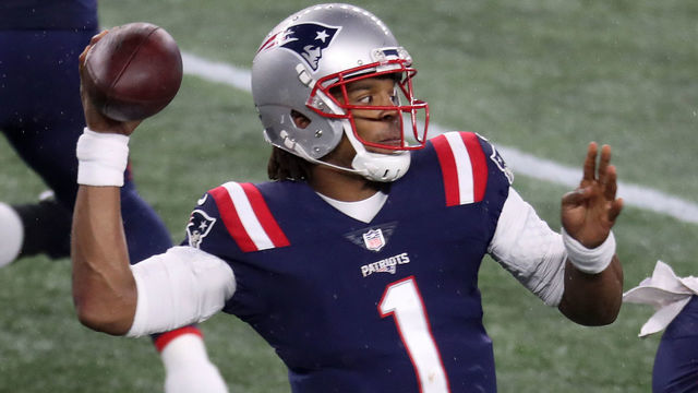 FOXBOROUGH, MA - NOVEMBER 15: Patriots quarterback Cam Newton threw the ball in the second quarter. The New England Patriots host the Baltimore Ravens in an NFL Sunday Night football game at Gillette Stadium in Foxborough, MA on Nov. 15, 2020.