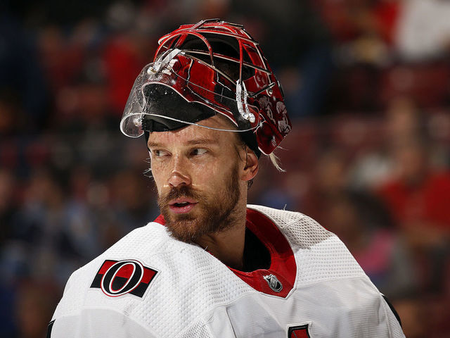 SUNRISE, FL - DECEMBER 16: Goaltender Anders Nilsson #31 of the Ottawa Senators skates back to the net after a break in the action against the Florida Panthers at the BB&T Center on December 16, 2019 in Sunrise, Florida.