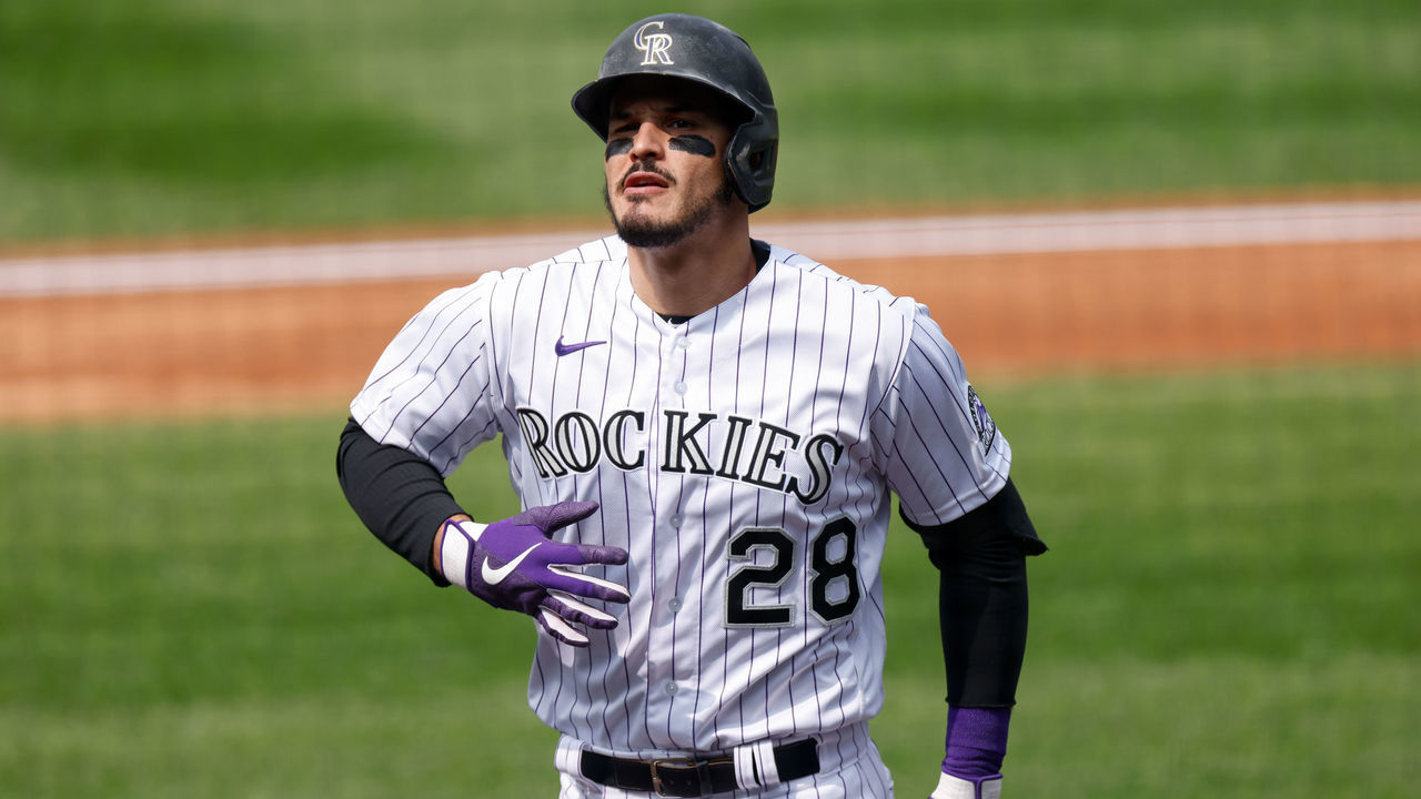 DENVER, CO - SEPTEMBER 16: Nolan Arenado #28 of the Colorado Rockies reacts after striking out during the second inning against the Oakland Athletics at Coors Field on September 16, 2020 in Denver, Colorado.