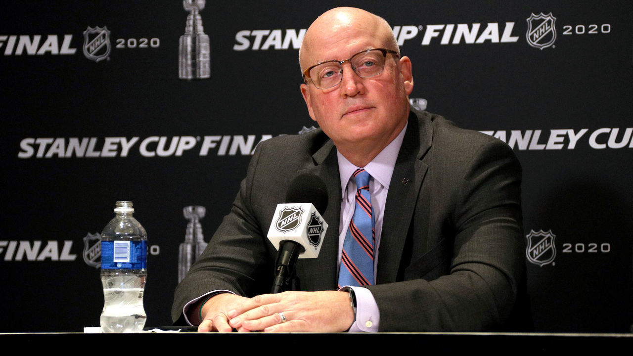 EDMONTON, ALBERTA - SEPTEMBER 19: NHL Deputy Commissioner Bill Daly attends a press conference before Game One of the NHL Stanley Cup Final between the Dallas Stars and the Tampa Bay Lightning at Rogers Place on September 19, 2020 in Edmonton, Alberta.