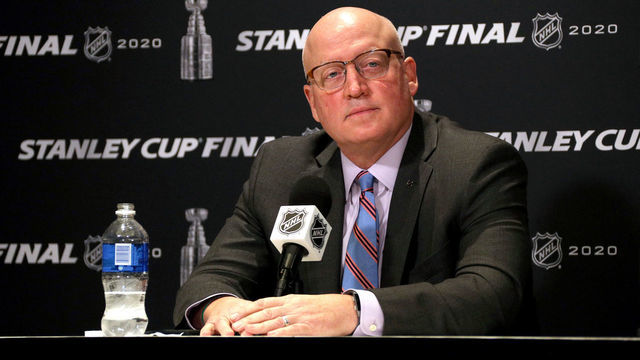 EDMONTON, ALBERTA - SEPTEMBER 19: NHL Deputy Commissioner Bill Daly attends a press conference before Game One of the NHL Stanley Cup Final between the Dallas Stars and the Tampa Bay Lightning at Rogers Place on September 19, 2020 in Edmonton, Alberta.